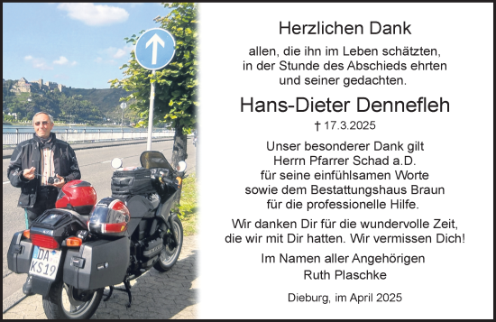 Traueranzeige von Hans-Dieter Dennefleh von Dieburger Anzeiger/Groß-Zimmerner Lokal-Anzeiger