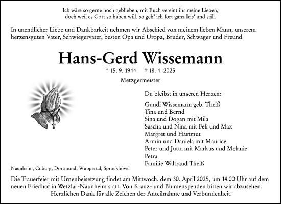 Traueranzeige von Hans-Gerd Wissemann von Wetzlarer Neue Zeitung
