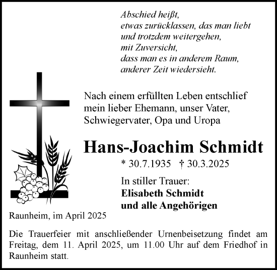Traueranzeige von Hans-Joachim Schmidt von Rüsselsheimer Echo