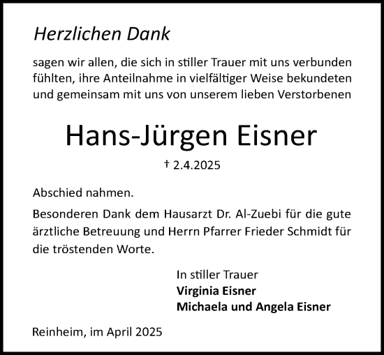 Traueranzeige von Hans-Jürgen Eisner von Darmstädter Echo