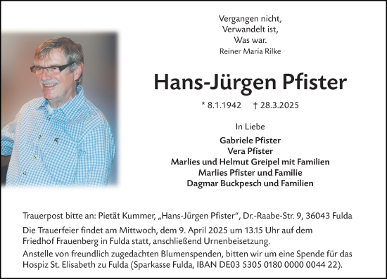 Traueranzeige von Hans-Jürgen Pfister von Camberger Anzeiger