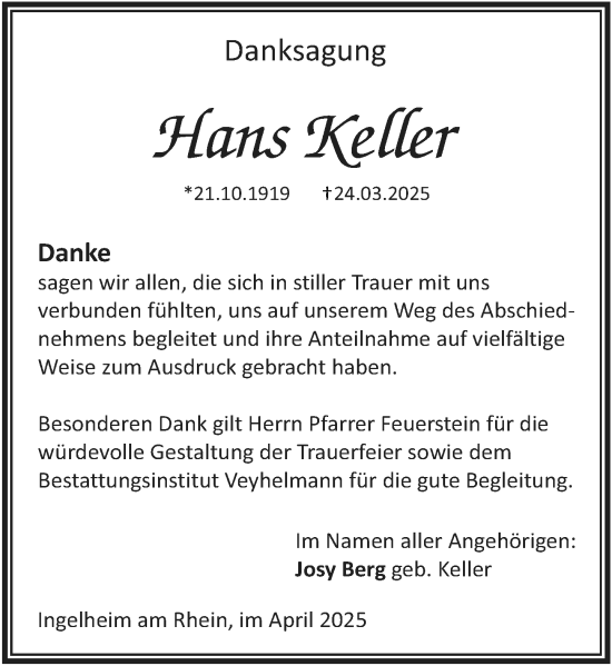 Traueranzeige von Hans Keller von Allgemeine Zeitung Rheinhessen-Nahe