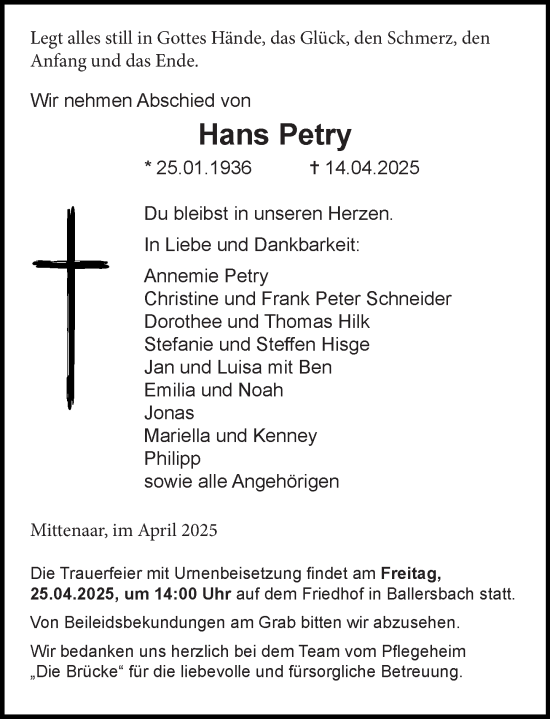 Traueranzeige von Hans Petry von Dill Block