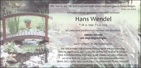 Traueranzeige von Hans Wendel von Odenwälder Echo