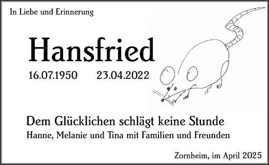 Traueranzeige von Hansfried  von Allgemeine Zeitung Mainz