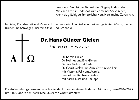 Traueranzeige von Hans Günter Gielen von Allgemeine Zeitung Mainz