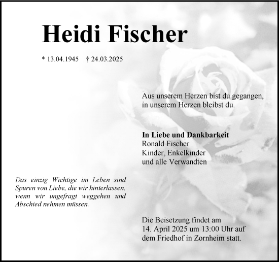 Traueranzeige von Heidi Fischer von Allgemeine Zeitung Mainz