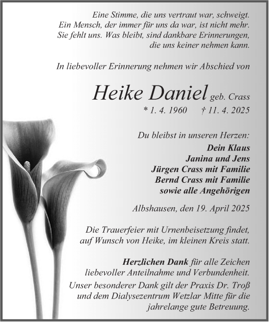Traueranzeige von Heike Daniel von Wetzlarer Neue Zeitung