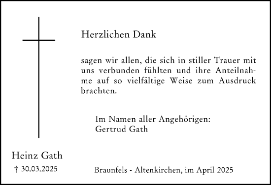Traueranzeige von Heinz Gath von Wetzlarer Neue Zeitung