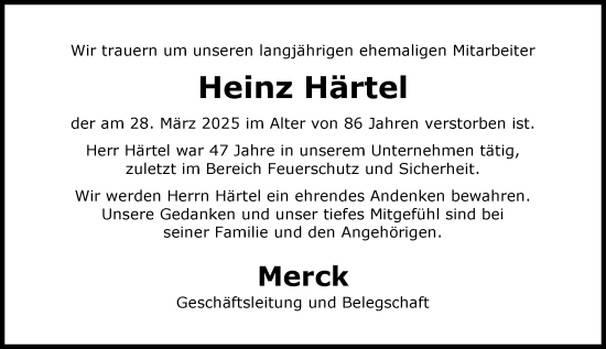 Traueranzeige von Heinz Härtel von Darmstädter Echo