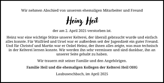 Traueranzeige von Heinz Heil von Weilburger Tageblatt