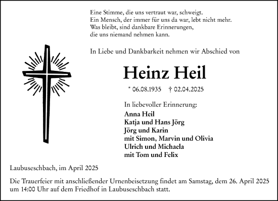 Traueranzeige von Heinz Heil von Weilburger Tageblatt