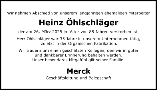 Traueranzeige von Heinz Ohlschläger von Darmstädter Echo