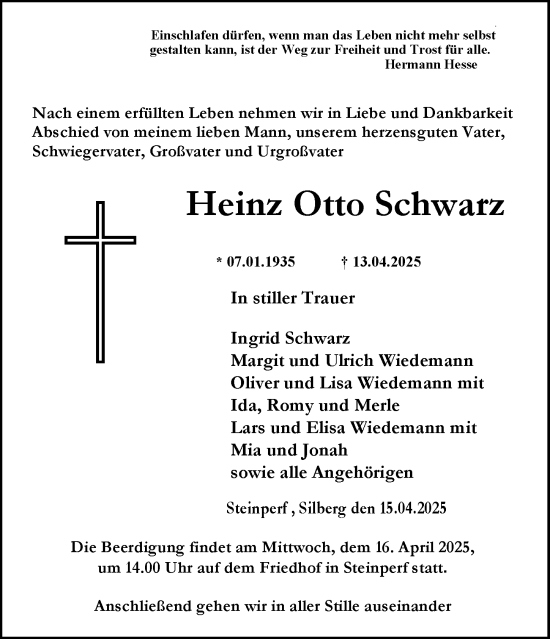 Traueranzeige von Heinz Otto Schwarz von Hinterländer Anzeiger