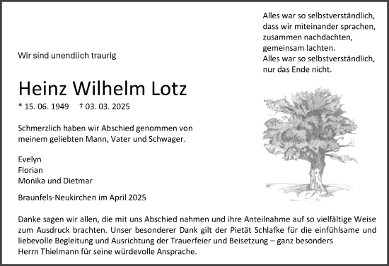 Traueranzeige von Heinz Wilhelm Lotz von Wetzlarer Neue Zeitung