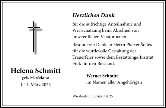 Traueranzeige von Helena Schmitt von Wiesbadener Kurier