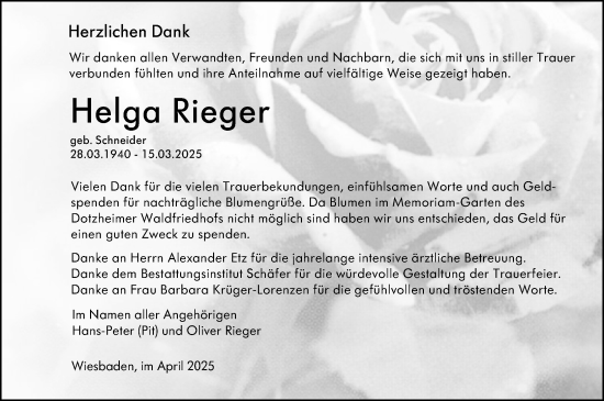 Traueranzeige von Helga Rieger von Wiesbadener Kurier