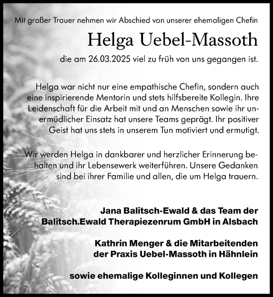 Traueranzeige von Helga Uebel-Massoth von Darmstädter Echo