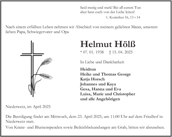 Traueranzeige von Helmut Hölß von Wetzlarer Neue Zeitung