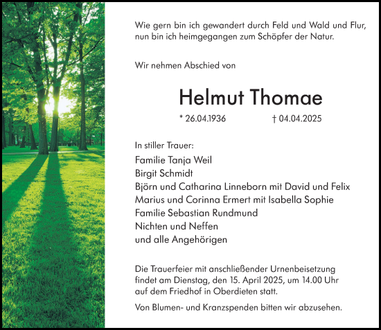 Traueranzeige von Helmut Thomae von Hinterländer Anzeiger