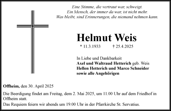 Traueranzeige von Helmut Weis von Nassauische Neue Presse