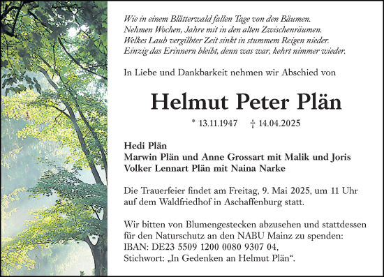 Traueranzeige von Helmut Peter Plän von Allgemeine Zeitung Mainz