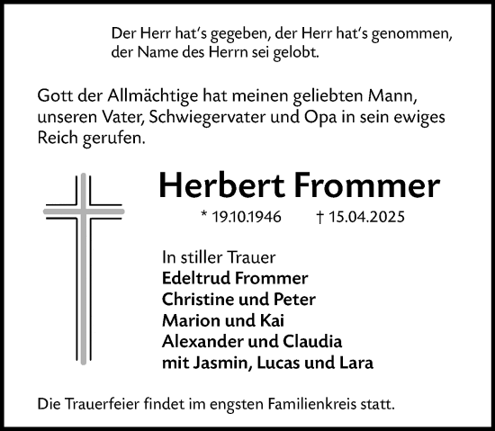 Traueranzeige von Herbert Frommer von Wiesbadener Kurier