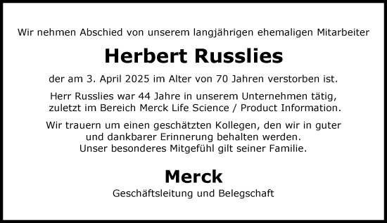 Traueranzeige von Herbert Russlies von Darmstädter Echo