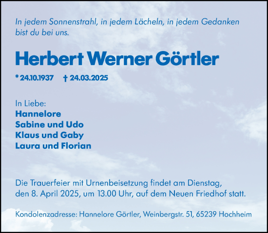 Traueranzeige von Herbert Werner Görtler von Hochheimer Zeitung