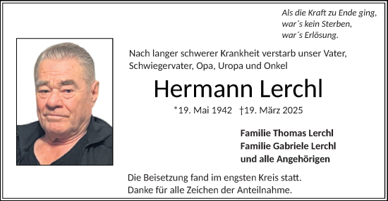 Traueranzeige von Hermann Lerchl von Starkenburger Echo