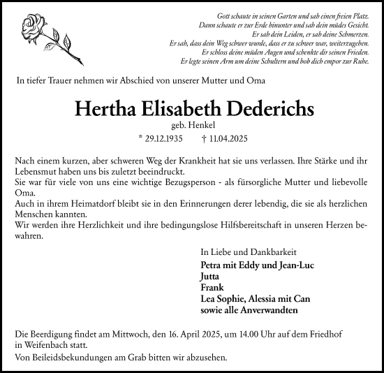 Traueranzeige von Hertha Elisabeth Dederichs von Hinterländer Anzeiger