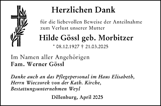 Traueranzeige von Hilde Gössl von Dill Block