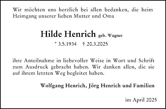 Traueranzeige von Hilde Henrich von Dill Block