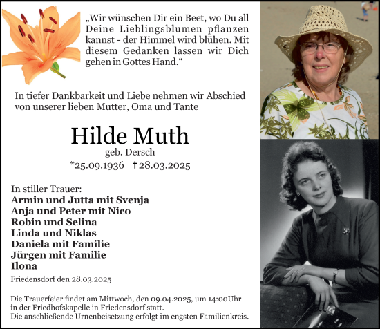 Traueranzeige von Hilde Muth von Hinterländer Anzeiger