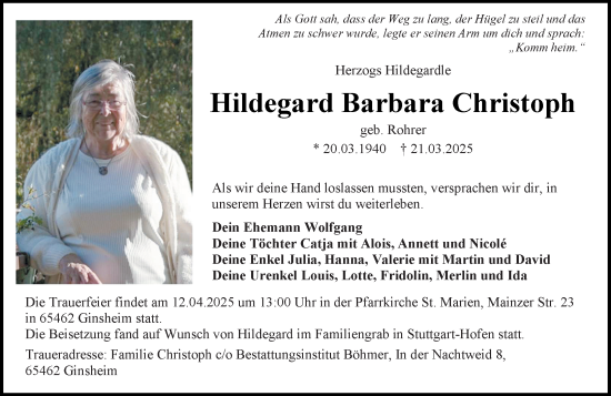 Traueranzeige von Hildegard Barbara Christoph von Allgemeine Zeitung Mainz