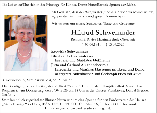 Traueranzeige von Hiltrud Schwemmler von Allgemeine Zeitung Mainz