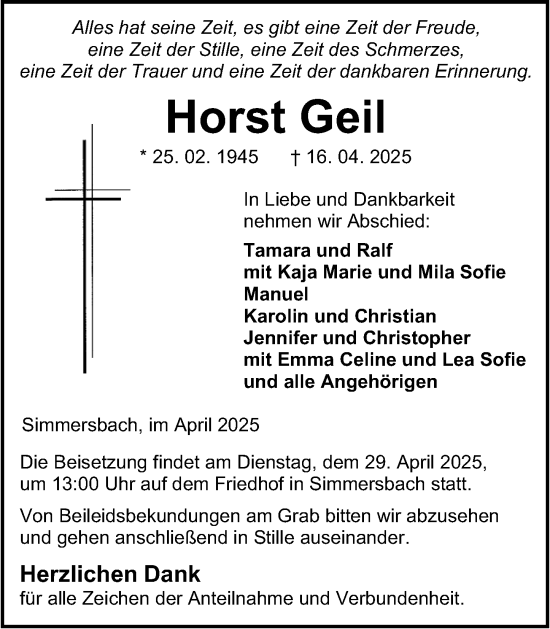 Traueranzeige von Horst Geil von Dill Block