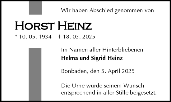 Traueranzeige von Horst Heinz von Wetzlarer Neue Zeitung