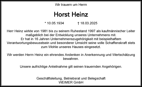 Traueranzeige von Horst Heinz von Wetzlarer Neue Zeitung