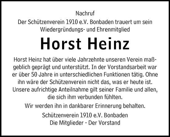 Traueranzeige von Horst Heinz von Wetzlarer Neue Zeitung