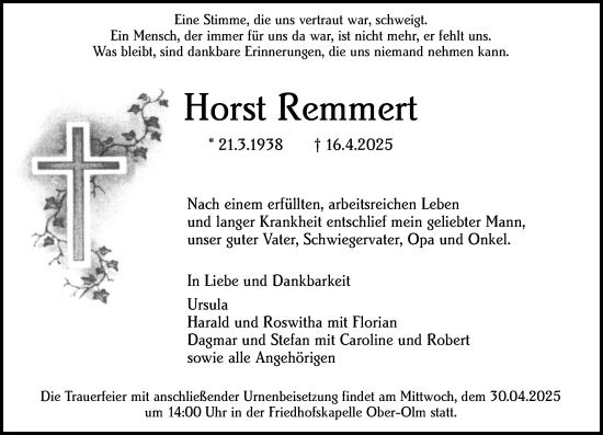Traueranzeige von Horst Remmert von Allgemeine Zeitung Mainz