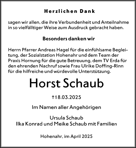 Traueranzeige von Horst Schaub von Wetzlarer Neue Zeitung