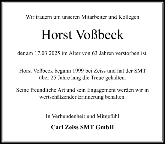 Traueranzeige von Horst Voßbeck von Wetzlarer Neue Zeitung