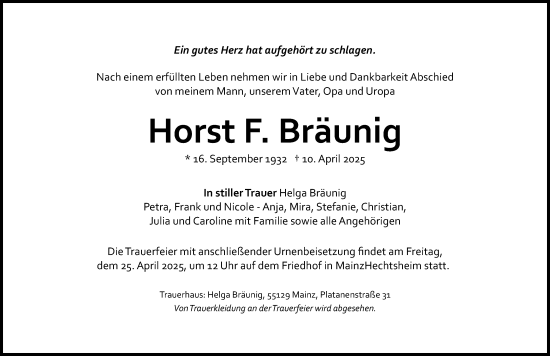 Traueranzeige von Horst F. Bräunig von Allgemeine Zeitung Mainz