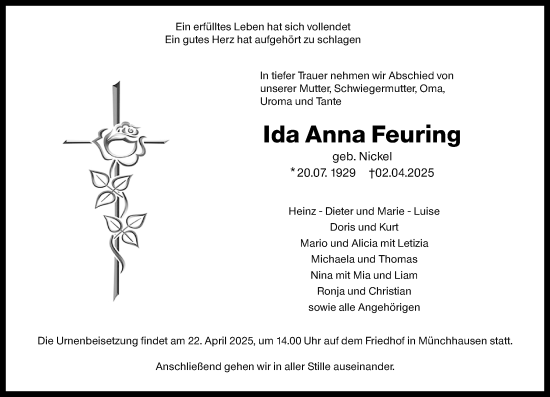 Traueranzeige von Ida Anna Feuring von Dill Block