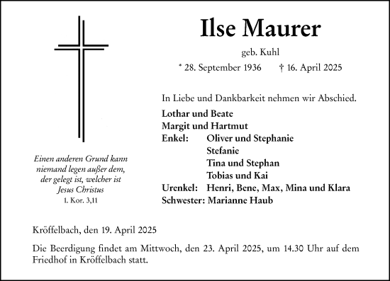 Traueranzeige von Ilse Maurer von Wetzlarer Neue Zeitung