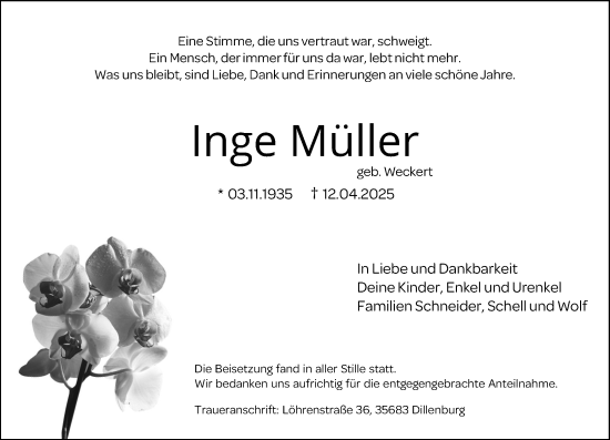 Traueranzeige von Inge Müller von Dill Block