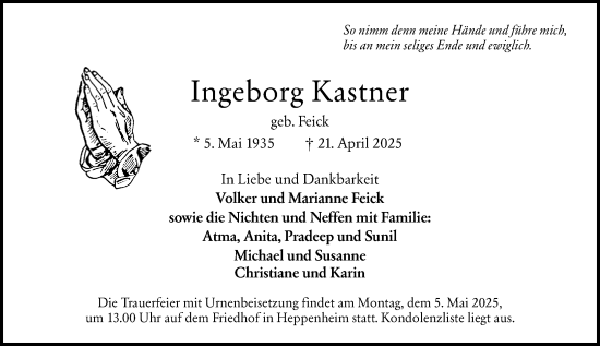 Traueranzeige von Ingeborg Kastner von Starkenburger Echo