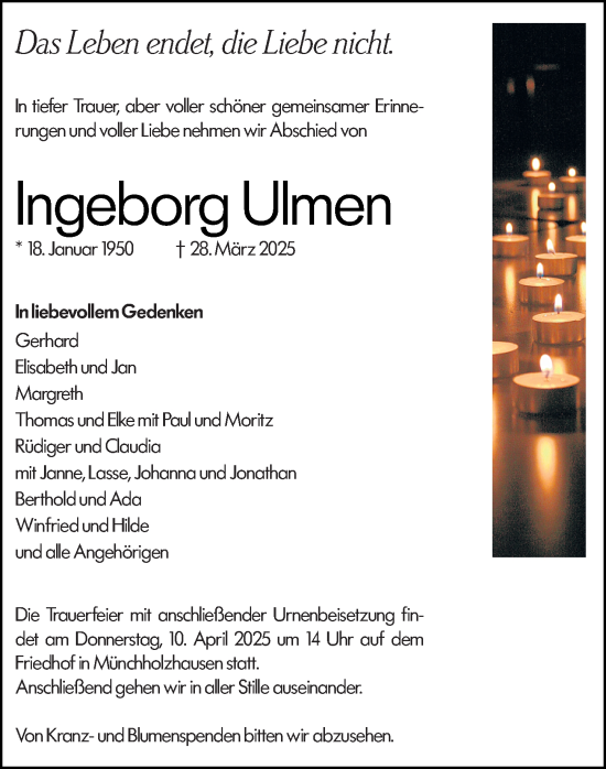 Traueranzeige von Ingeborg Ulmen von Wetzlarer Neue Zeitung