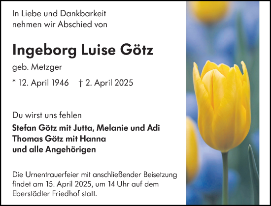 Traueranzeige von Ingeborg Luise Götz von Darmstädter Echo